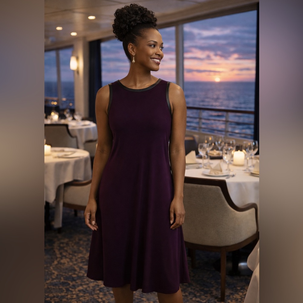 Ralph Lauren Sleeveless A-Line Dress – Eggplant & Black Trim – Size 14